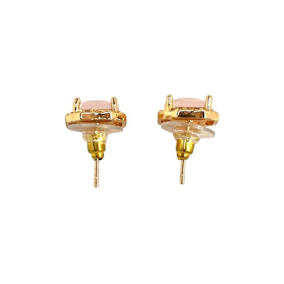 Chic Pink Halo Stud Earrings – Square-Cut Center Stone, Gold-Tone Setting - Picture 5 of 6
